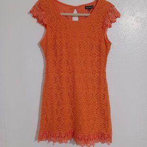 Sequin Hearts Vibrant Pinkish Orange Lace Tunic Dress Women's Large